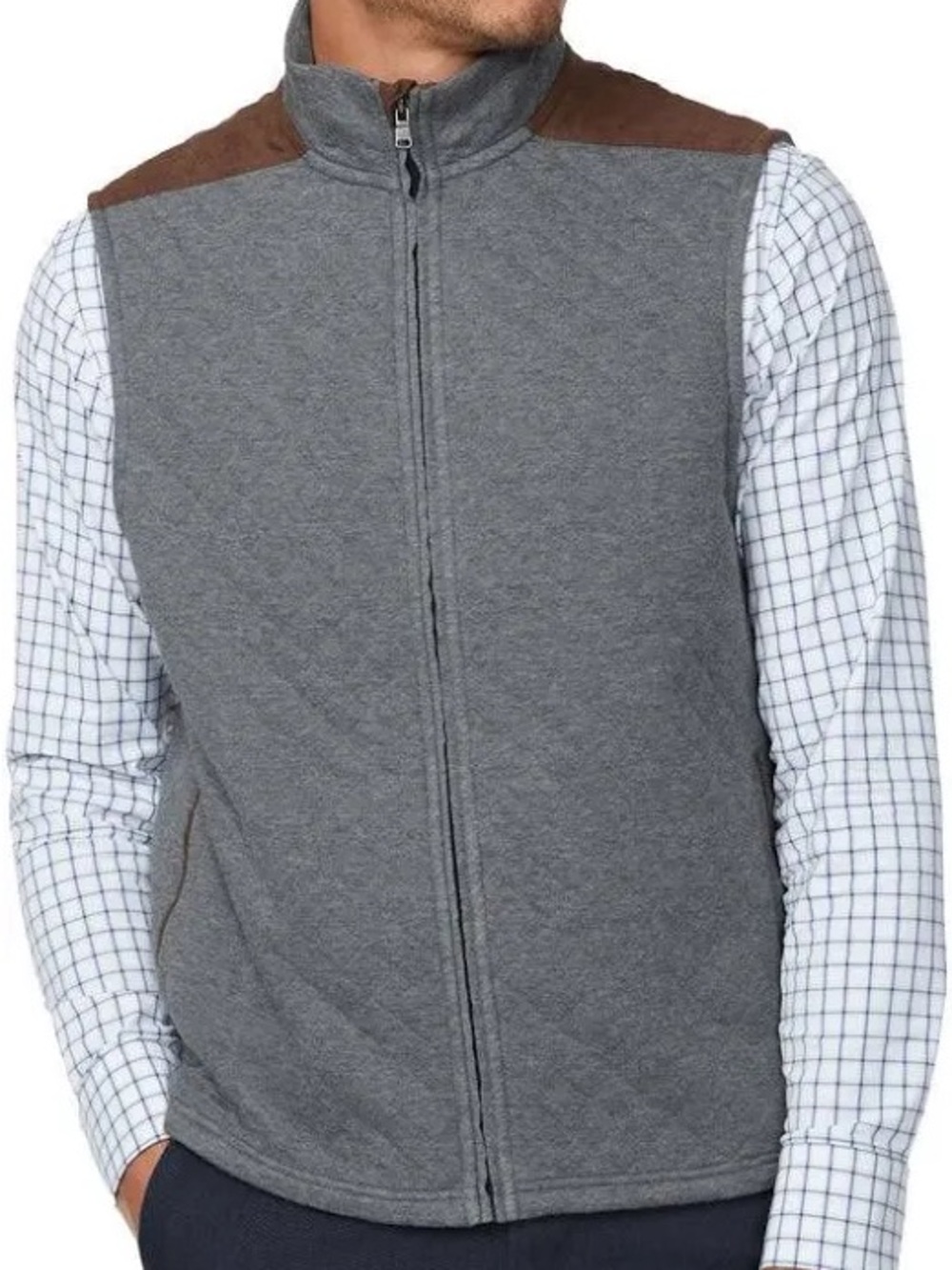 Bonobos Men's Midtown Quilted Grey Vest with Brown Shoulder Accents